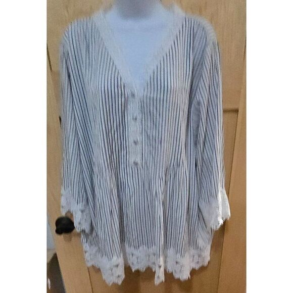 Chelsea & Theodore Womens Striped Lace-Trim Button-Down Tunic Top Size 2X Blue - Picture 1 of 5